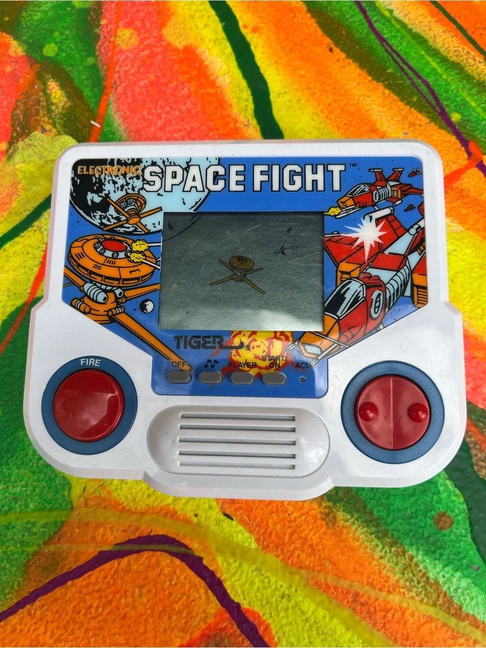 Tiger Space Fight vintage 1988 Handheld Electronic Game - White and Blue